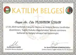 Eskişehir Barosu ve Ankara Barosu tarafından düzenlenen Sağlık Hukuku Uygulaması Katılım Belgesi Thumb